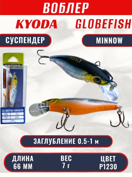 Воблер KYODA Globefish Minnow-66SP, длина 6,6 см, вес 7.0 гр цвет P1230, заглубление 0,5-1,0 м